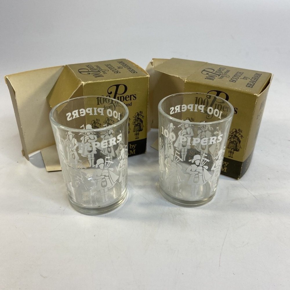 Seagram Scotch 100 Pipers Clear Shot Glass 1 Oz Lot of 2 Vintage NIB